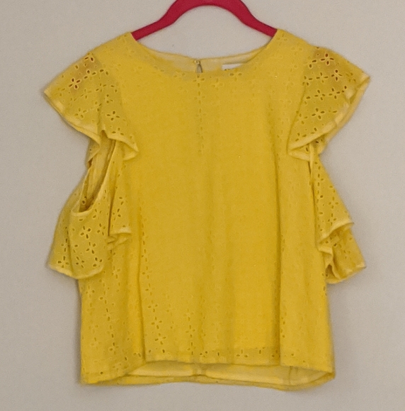 Yellow Eyelet Lace Split-Shoulder Top - Picture 3 of 4